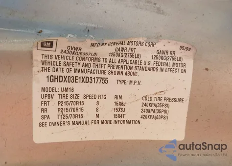 1999 Oldsmobile Silhouette Gls from USA, damaged, VIN 1GHDX03E1XD317755